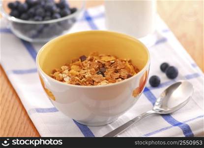 Healthy breaksfast of cereal, milk and blueberries served on a table on sunny morning