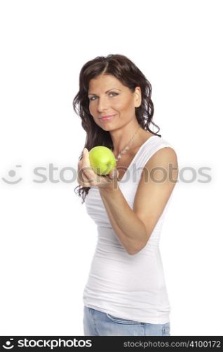 healthy brunette woman holding green apple over white background