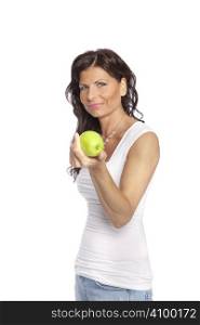 healthy brunette woman holding green apple over white background