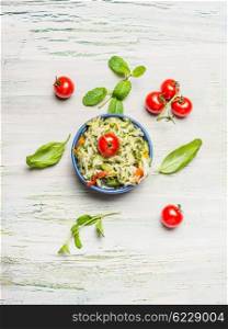Healthy cabbage salad in bowl with tomatoes, top view. Healthy lifestyle and diet food concept.