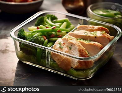 Healthy chicken fillet slices with broccoli and green vegetables in lunch container on table.AI Generative
