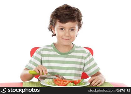Healthy child eating a over withe background