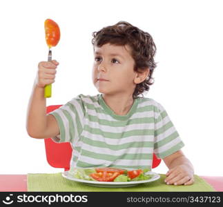 Healthy child eating balanced diet a over withe background