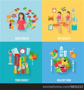Healthy choices before and after diet results 4 flat icons square composition banner abstract isolated vector illustration. Diet 4 flat icons square banner