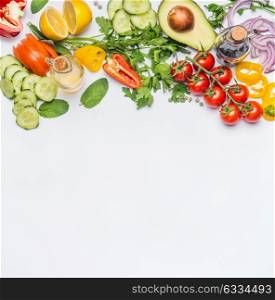 Healthy clean eating layout, vegetarian food and diet nutrition concept. Various fresh vegetables ingredients for salad on white table background, top view, border