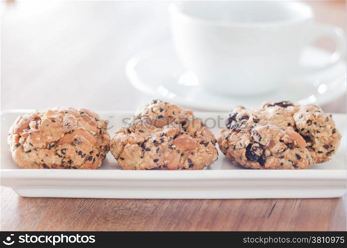 Healthy cookies with coffee cup, stock photo
