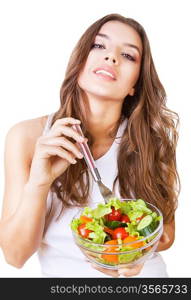 healthy cute friendly girl with salad on white background