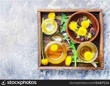 healthy dandelion honey and tea. Honey from a blooming spring dandelion and cup of tea
