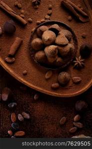 healthy delicious chocolate truffles around ingridients with natural cocoa beans, powder, cacao butter, cane sugar. healthy sweets concept. flat lay