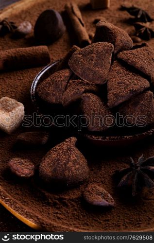 healthy delicious chocolate truffles around ingridients with natural cocoa beans, powder, cacao butter, cane sugar. healthy sweets concept. close up