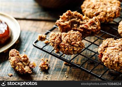 Healthy dessert. Homemade oatmeal cookies with dates and nuts, do not contain sugar, butter and eggs.