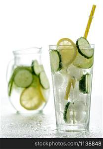 Healthy detox fizzy water with lemon and cucumber in Highball glass. Fresh Summer Drink. Healthy food concept. Detox diet.