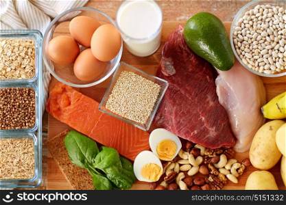 healthy eating and diet concept - natural rich in protein food on table. natural protein food on table