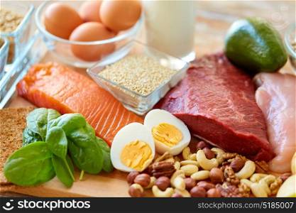 healthy eating and diet concept - natural rich in protein food on table. natural protein food on table