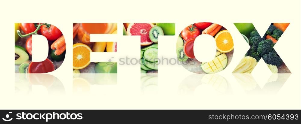 healthy eating and vegetarian diet concept - word detox with juice, fruits and vegetables