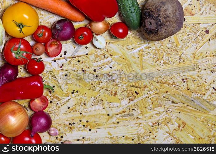 Healthy eating background / studio photography of different fruits and vegetables on old wooden table