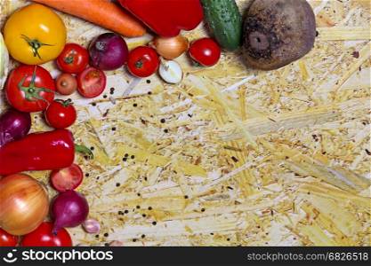 Healthy eating background / studio photography of different fruits and vegetables on old wooden table