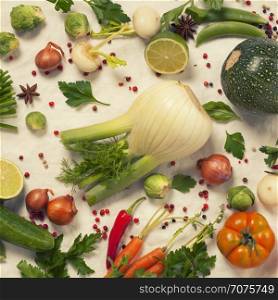 Healthy eating background / studio photography of organic vegetables on white backdrop, top view