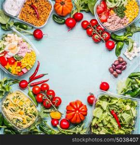 Healthy eating background with Variety of vegetable and vegetables salad bowls. Fitness or diet nutrition. Take away lunch ideas. Top view, frame