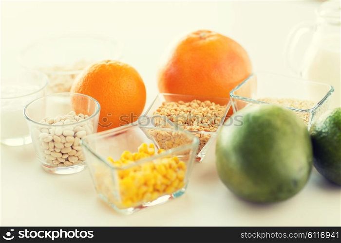 healthy eating, breakfast, diet and culinary concept - close up of food ingredients on table