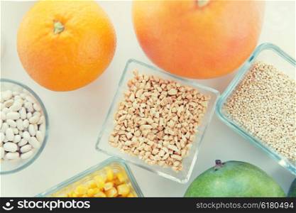 healthy eating, breakfast, diet and culinary concept - close up of food ingredients on table