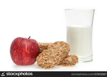 Healthy eating cereal bar and apple with milk