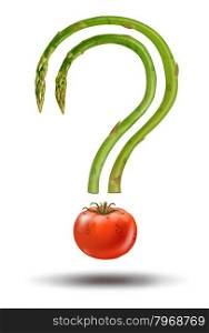 Healthy eating choices and diet answers to fresh food questions with asparagus and a tomato in the shape of a question mark as a natural health concept of groceries ingredients.