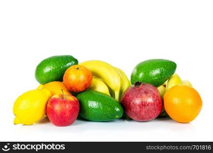 Healthy eating concept - group of various fruits isolated on a white background in close-up