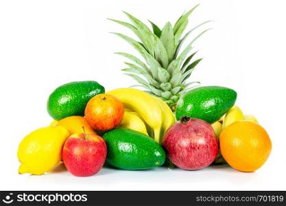 Healthy eating concept - group of various fruits isolated on a white background in close-up