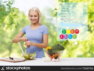 healthy eating, diet and people concept - happy smiling young woman cooking vegetable salad with calories, vitamins and food nutritional value over green natural background. smiling woman cooking vegetable salad