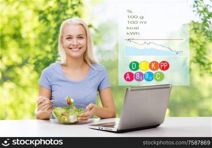 healthy eating, diet and people concept - happy smiling young woman with laptop computer eating vegetable salad with calories, vitamins and food nutritional value over green natural background. smiling woman eating salad with laptop