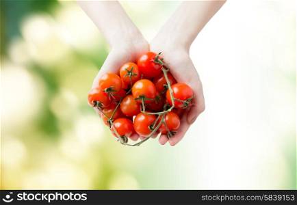 healthy eating, dieting, vegetarian food and people concept - close up of woman hands holding ripe cherry tomatoes bunch over green natural background