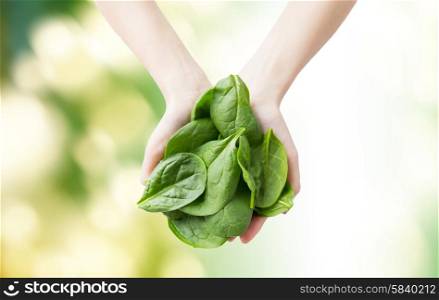 healthy eating, dieting, vegetarian food and people concept - close up of woman hands holding spinach over green natural background