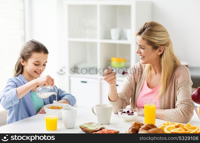 healthy eating, family and people concept - happy mother and daughter having breakfast at home kitchen. happy family having breakfast at home kitchen