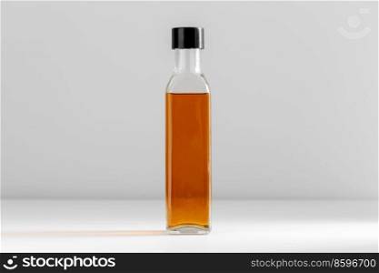 healthy eating, food and culinary concept - close up of olive oil in glass bottle on table. close up of olive oil in glass bottle on table