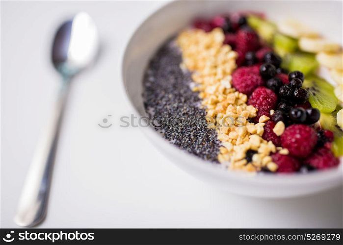 healthy eating, food and diet concept - bowl of yogurt with fruits and seeds. bowl of yogurt with fruits and seeds