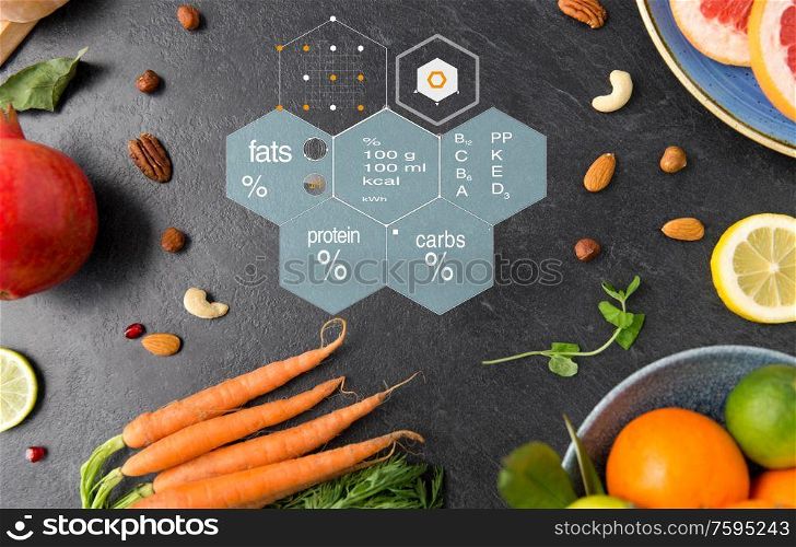 healthy eating, food and diet concept - different vegetables and fruits on on slate table over nutritional value chart. different vegetables and fruits on on slate table