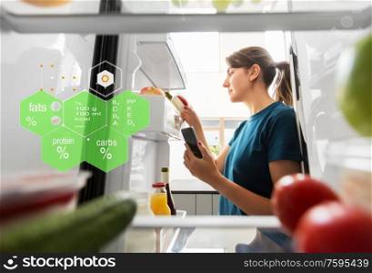 healthy eating, food and diet concept - woman at fridge with smartphone at home kitchen over nutritional value chart. woman with smartphone and food at fridge