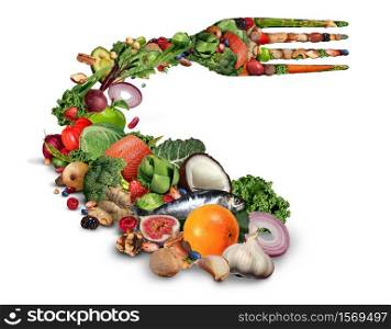 Healthy eating food and natural nutritional meal with fruit vegetables nuts and beans shaped as a dinner fork as a wellness and fitness idea on a white background.
