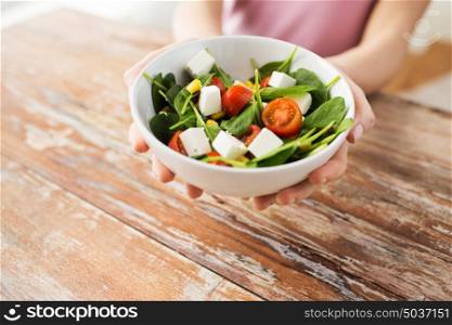 healthy eating, food, diet and people concept - hands holding bowl of vegetable salad over table. hands holding bowl of vegetable salad over table