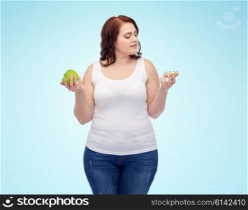 healthy eating, junk food, diet and choice people concept - plus size woman choosing between apple and cookie over blue background