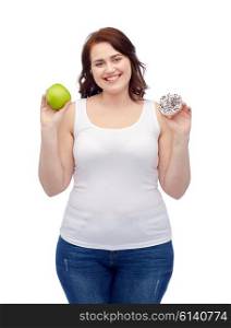 healthy eating, junk food, diet and choice people concept - smiling plus size woman choosing between apple and cookie