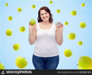 healthy eating, junk food, diet and choice people concept - smiling plus size woman choosing between green apple and donut over blue background