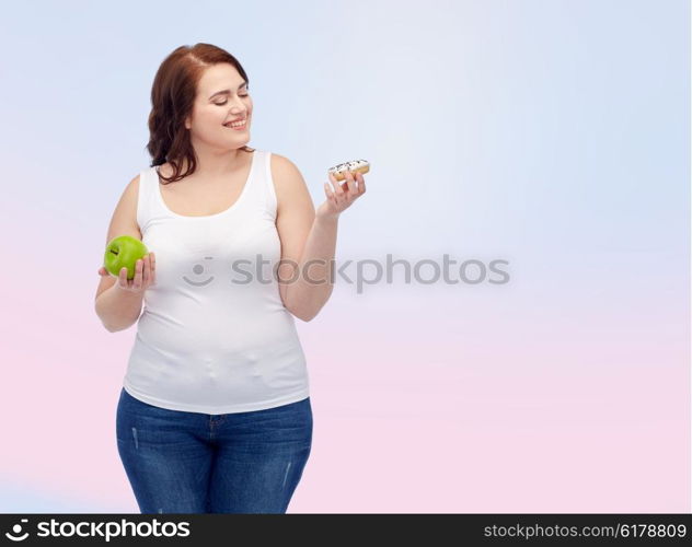 healthy eating, junk food, diet and choice people concept - smiling plus size woman choosing between apple and donut over rose quartz and serenity gradient background