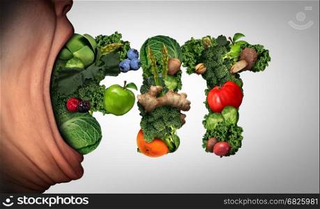 Healthy eating lifestyle concept as an open mouth biting a group of fruits and vegetables shaped as the word fit as a symbol for wellness through a garden fresh green diet.