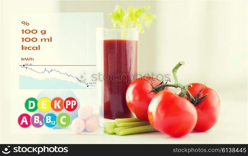 healthy eating, organic food and diet concept - close up of fresh tomato juice glass and vegetables on table with calories and vitamin chart