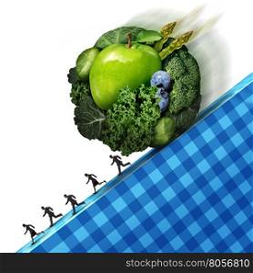 Healthy eating pressure as green vegetables and fresh fruit shaped as a ball rolling down a cliff with people running away as a concept of the difficult challenges of maintaining a regimen of good nutrition with 3D illustration elements.
