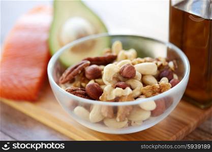 healthy eating, protein food, diet and culinary concept - close up of nut mix in glass bowl on table