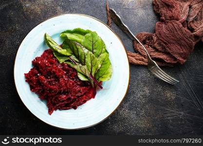 Healthy eating. Stewed beetroot caviar with spice, onions and garlic.