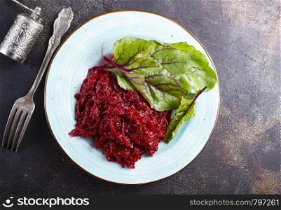 Healthy eating. Stewed beetroot caviar with spice, onions and garlic.
